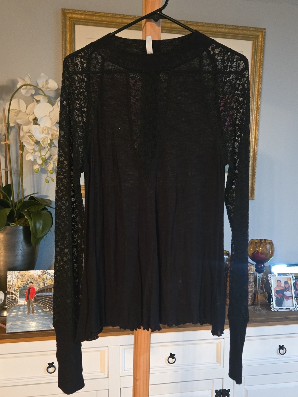 Free People Black Lace-Detail Long Sleeve Top